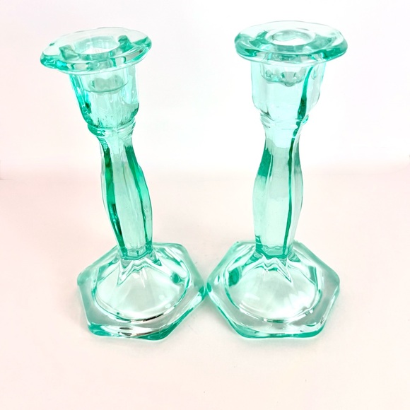 Vintage Set Of 2 Aqua Blue  Art Deco Glass Candlesticks Holders. Mid-Century Mod - Picture 4 of 13